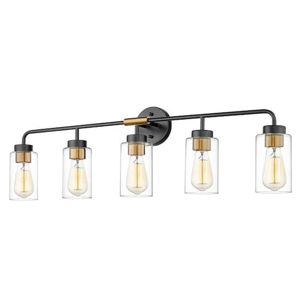 JAZAVA 36.5 in. 5-Light Black and Gold Finish Modern Vanity Light with Clear Glass Shade, No Bulbs Included