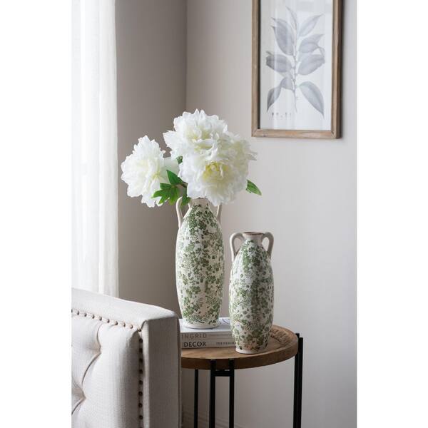 15.6 in. White Ceramic Amphora Decorative Flower Vase with Green