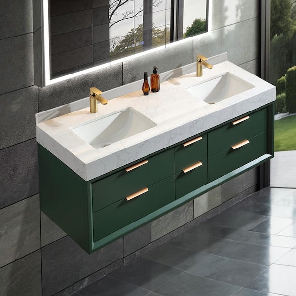 Lonni 60 in. W x 20.7 in. D x 21.3 in. H Floating Bathroom Vanity in Green solid Oak/White Engineer Marble Countertop & Lights