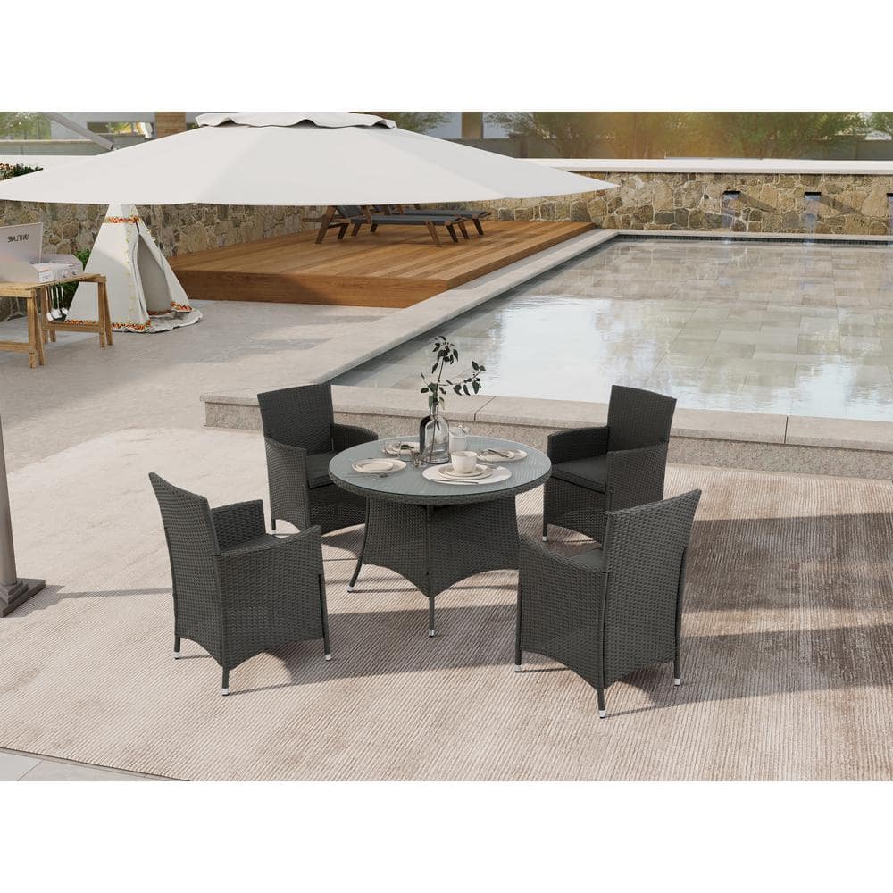 5-Piece Wicker Outdoor Dining Set All-Weather Wicker Patio Dining Table and Chairs with Gray Cushions -  Runesay, pif55