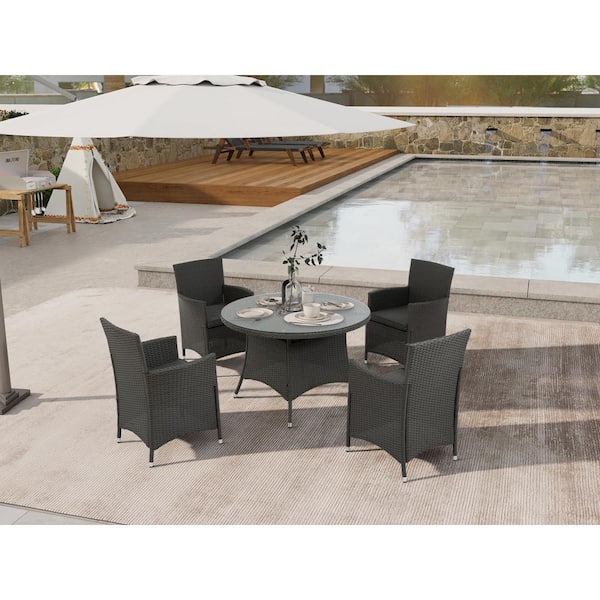 Runesay 5-Piece Wicker Outdoor Dining Set All-Weather Wicker Patio Dining Table and Chairs with Gray Cushions