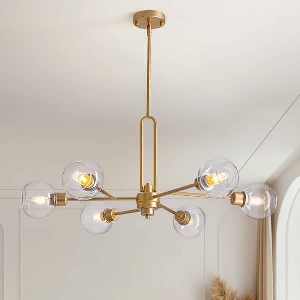 SILJOY 28 in. 6-Light Gold Modern Chandelier Pendant Light for Dining Room with Glass Bubbles