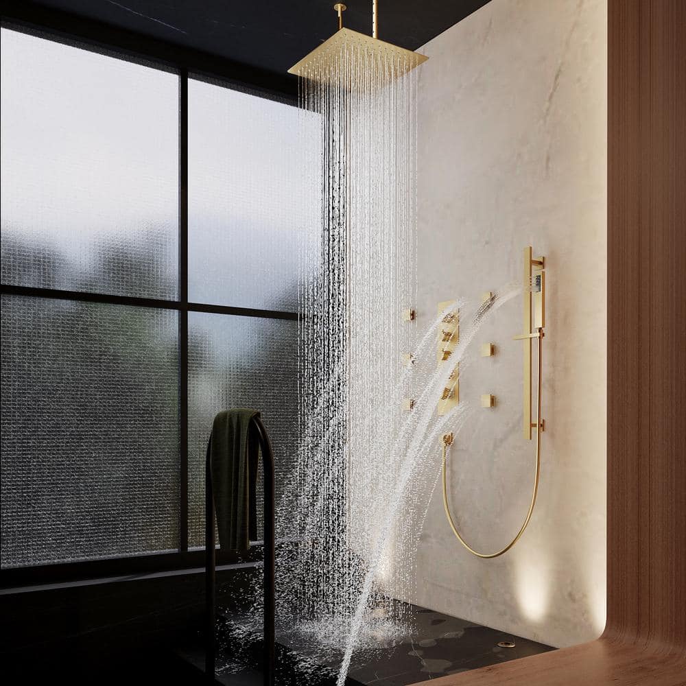 Luxurious Brushed Gold Dual Ceiling Mount Shower System
