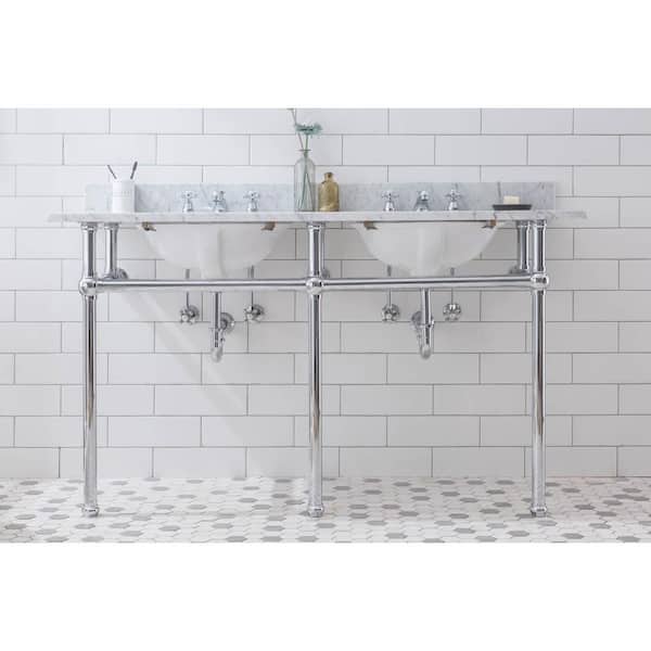 Water Creation Embassy 60 in. Double Sink Carrara White Marble Countertop Washstand in Chrome with P-Trap