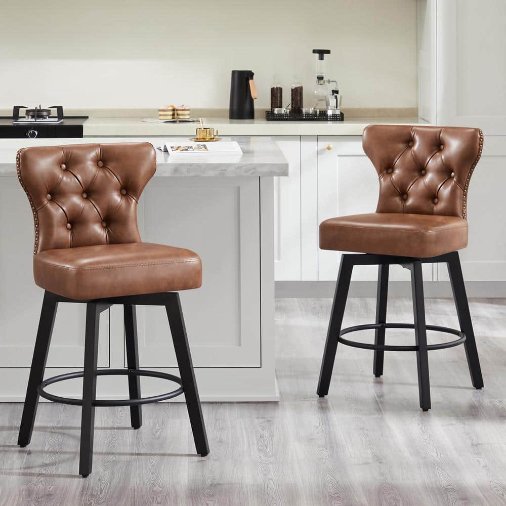 Brown Faux Leather Swivel Counter Height Bar Stools with Wood Frame, Set of 2