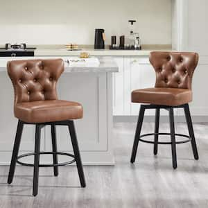 Peregrine 26 in. Brown Swivel Counter Height Bar Stool with Leather Seat, Wood Frame and Button-Tufted Back (Set of 2)