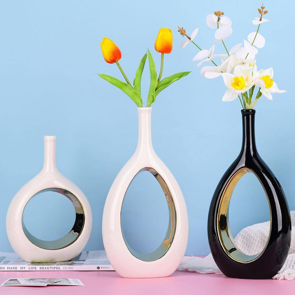 White and Gold Ceramic Cylinder Decorative Vase Set