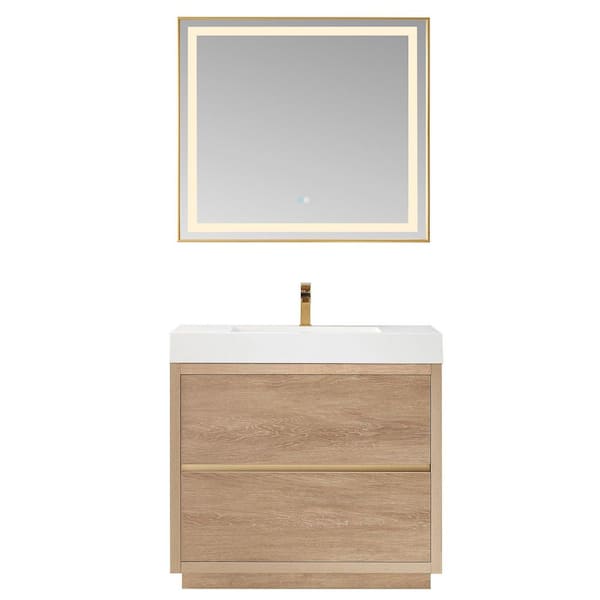 Palencia 36 in. W x 20 in. D x 33.9 in. H Single Sink Bath Vanity in N. American Oak with White Composite Top and Mirror