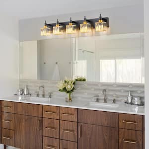 Orillia 35.4 in. 5-Light Modern Black Gold Bathroom Vanity Light with Crystal Shades