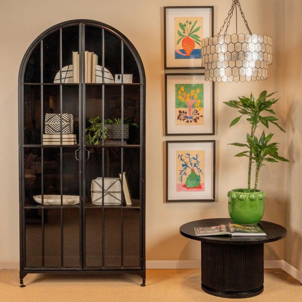 Arched Black Iron and Glass Office Storage Cabinet