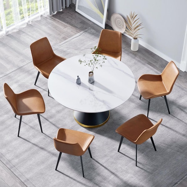 53 in. White Sintered Stone Round Top Pedestal Black Metal Base Dining Table (Seats 6)