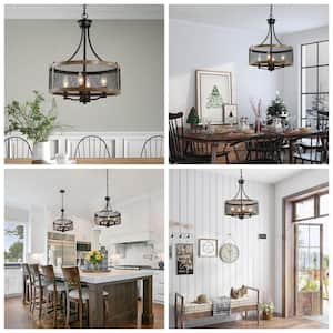 Black Drum Chandelier 4-Light Candlestick Dark Brown Farmhouse Round Pendant with Open Cage Frame and Wood Accent