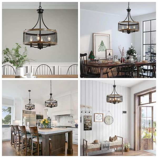 16 in. 4- -Light Modern Farmhouse Black Pendant Drum Candlestick Cage Chandelier with Faux Wood Accent