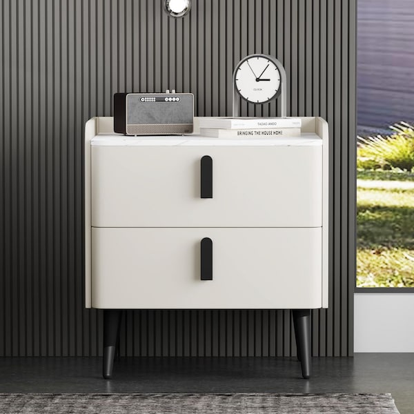 White 2 Drawers PU Nightstand with Modern Marble-Pattern Tabletop