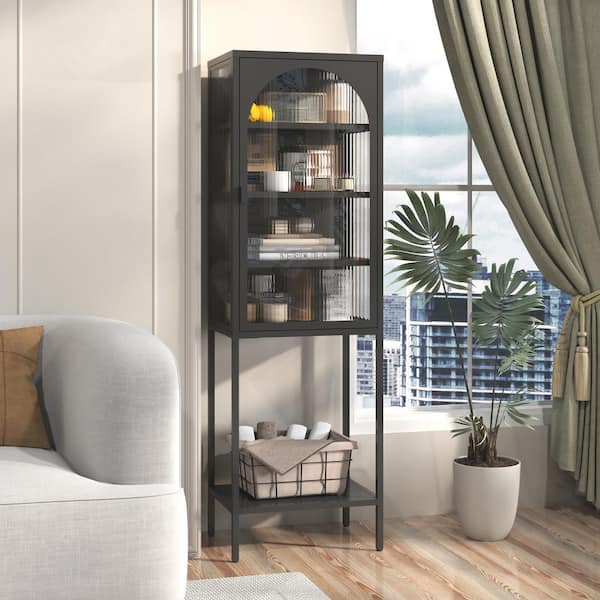5-Tier Black Metal Storage Cabinet, Freestanding Bookshelf Display Cabinet with Glass Door and 3 Adjustable Shelves