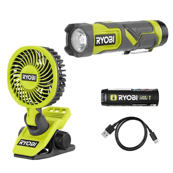 USB Lithium Cordless Compact LED 3-Mode Flashlight Kit with 2.0 Ah Battery with USB Lithium Cordless Clamp Fan