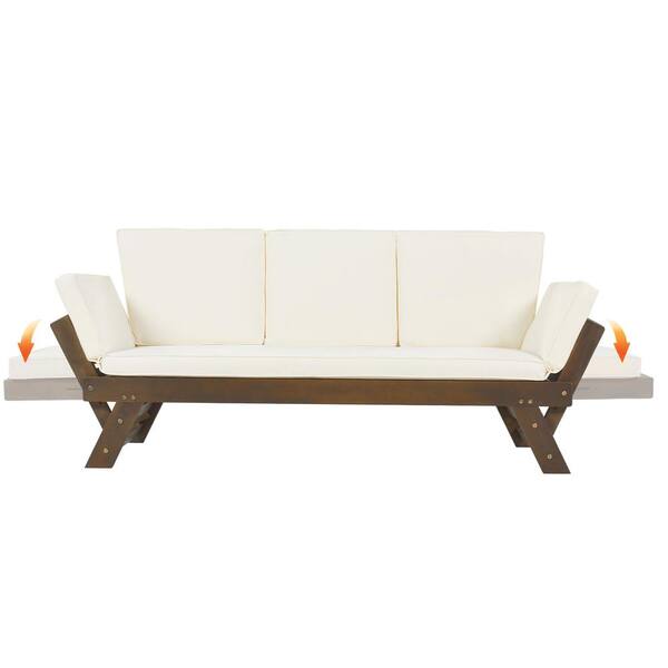 Unbranded Brown Adjustable Wood Outdoor Chaise Lounge Wooden Daybed Sofa with Beige Cushions