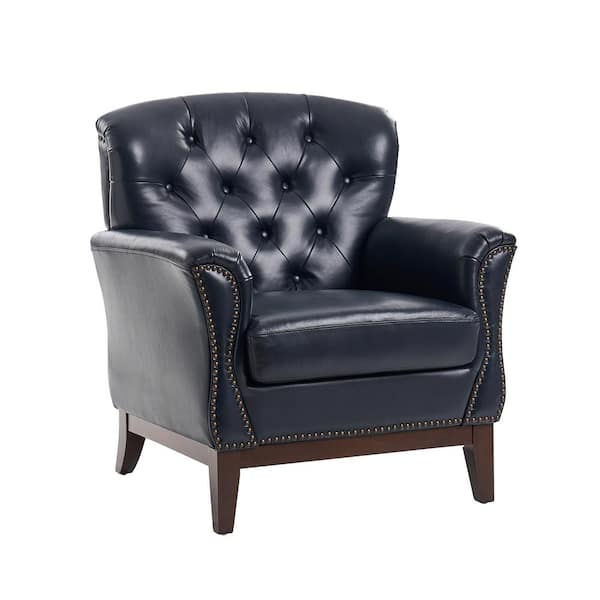 JAYDEN CREATION Bud Traditional Genuine Navy Leather Accent Chair with Solid Wood Legs and Nailheads