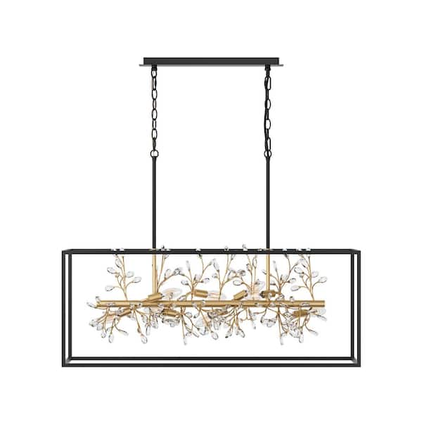aiwen Modern 38.58 in. 9-Light Crystal Rectangle Chandeliers Black and Gold Kitchen Island Hanging Light