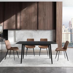 5-Piece Set of Brown Chairs and Black Slate Stone Dining Table, Dining Set With Carbon Steel Legs and 4 Modern Chairs