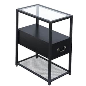 Black Wooden Side Table 1-Drawers & Open Shelf, Narrow Nightstand Tempered Glass Top 19.7 in. L x 11 in. W x 23.6 in. H