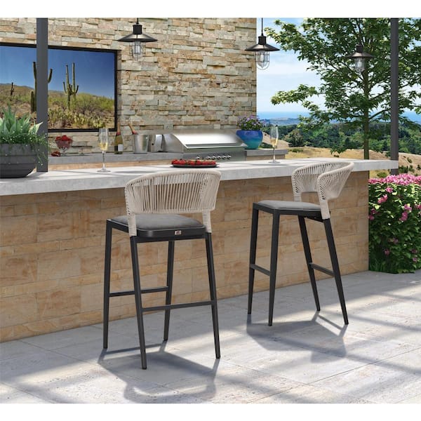 Modern Aluminum Low Back Rattan Bar Height Outdoor Bar Stool with Backrest and Dark Gray Cushion (2-Pack)