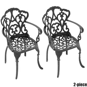 Black Cast Aluminum Patio Outdoor Dining Chair with Random Color Cushion (2-Pack)