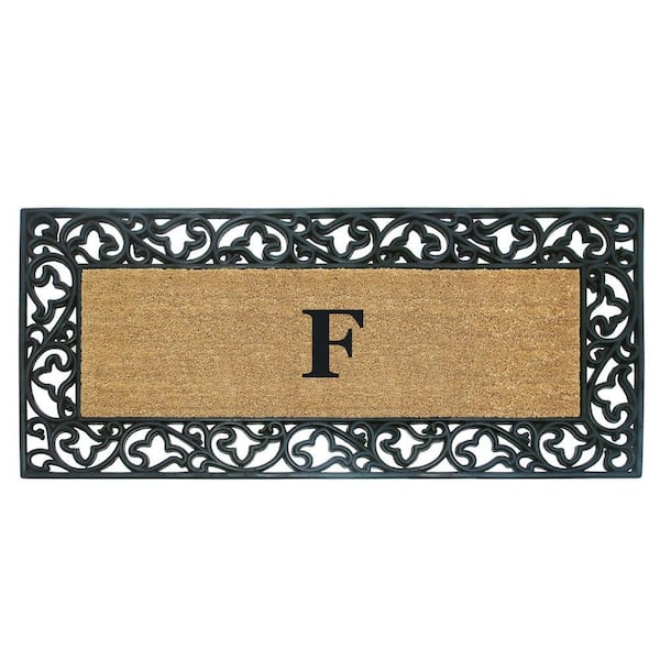 Nedia Home Acanthus Border 24 in. x 57 in. Rubber Coir Monogrammed F Door Mat
