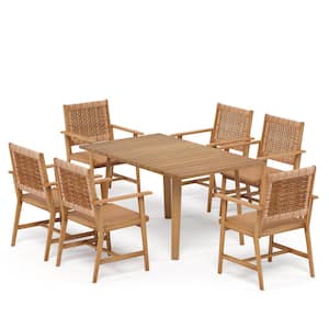 Brown 7-Piece Outdoor Patio Dining Set With Acacia Rectangular Table and Acacia wooden Chairs