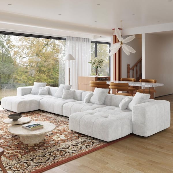 J&E Home 183.54 in. Square Arm Linen 6-piece Modular Free Combination Tufted Sectional Sofa with Soft Cushion, Ottoman in. White