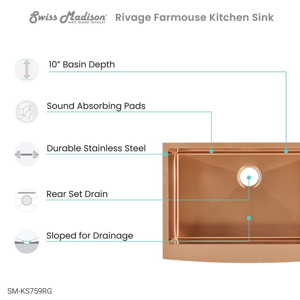 Rivage 30" Rose Gold Stainless Steel Farmhouse Kitchen Sink