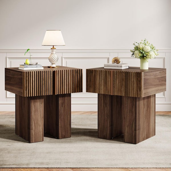 21.65 in. W Brown 1-Drawer Nightstand Set of 2, Modern Fluted Bedside Table Side End Table for Bedroom, Living Room