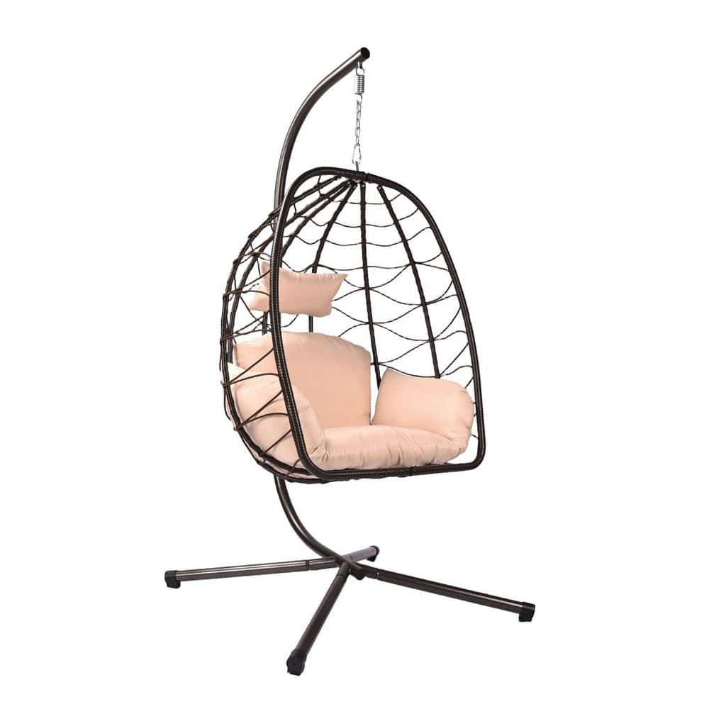 1-Person Wicker Patio Swing with Khaki Cushions, Indoor Outdoor Egg Chair Swing Chair Lounge Chair with Stand