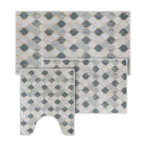 Beige-Gray Color Geometric Trellis Design Cotton Non-Slip Washable Thin 3-Piece Bathroom Rugs Sets