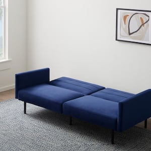 2-Seat Navy Velvet Futon Chair Sofa Bed with Buttonless Tufting