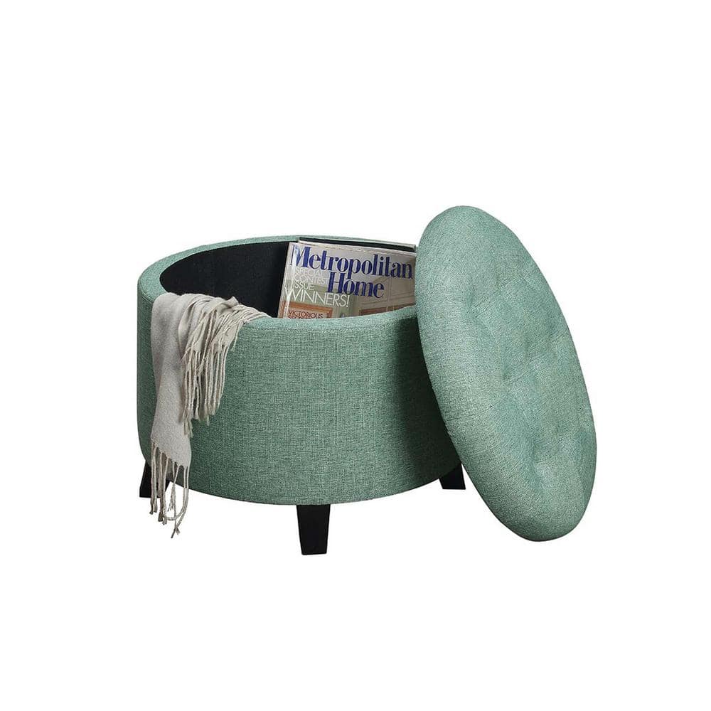 Green Tufted Round Storage Ottoman with Rubberwood Legs