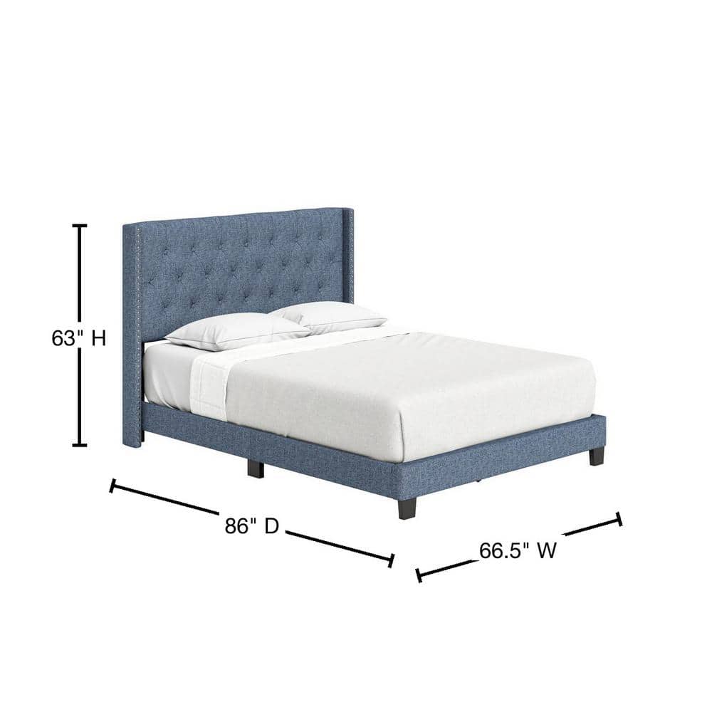 Sophia Blue Linen Queen Platform Bed with Tufted Wingback Headboard