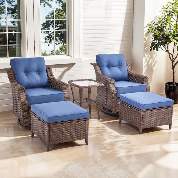Opohoro Artisan Brown 5-Piece Wicker Swivel Rocker Patio Conversation Set with 6 in. Thick Navy Blue Cushions for Balcony