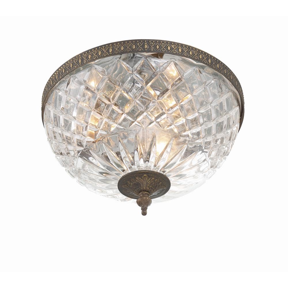 English Bronze Crystal 3-Light Bowl Ceiling Mount