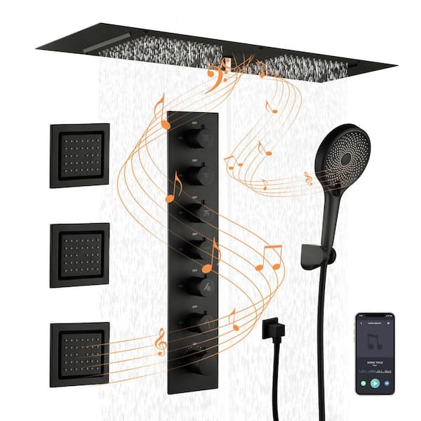 CASAINC Thermostatic 8-Spray Ceiling Mount Dual Fixed and Handheld Shower with Bluetooth Speaker and 3-Body Jets in Matte Black