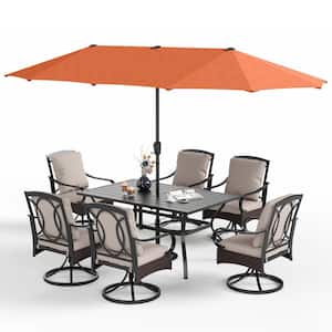 8-Piece Black Metal Outdoor Dining Set with Beige Cushions and Red Orange Umbrella
