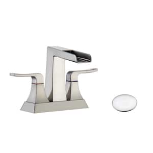 4 in. Centerset Double Handle Mid Arc Bathroom Faucet with Drain Kit and Waterfall Included in Brushed Nickel