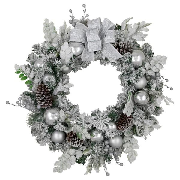 Northlight 30 in. Unlit Glitter and Frosted Foliage Artificial Christmas Wreath with Bow