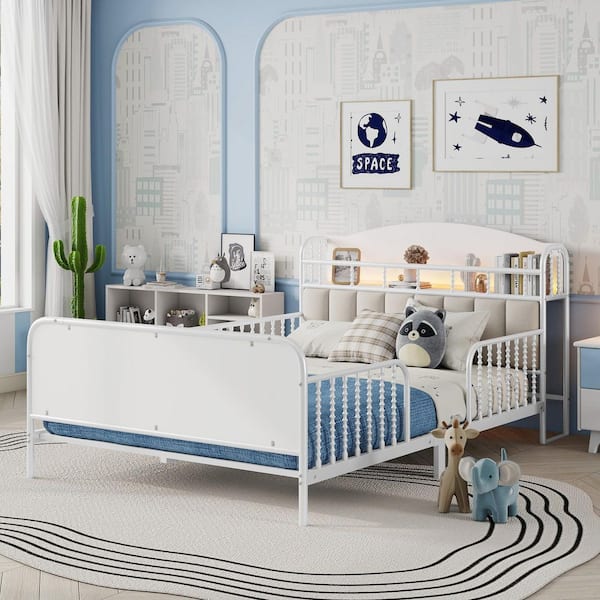 Xandrelle White Metal Frame Full Size Platform Bed with Velvet Upholstered and Storage Headboard, Guard Rails