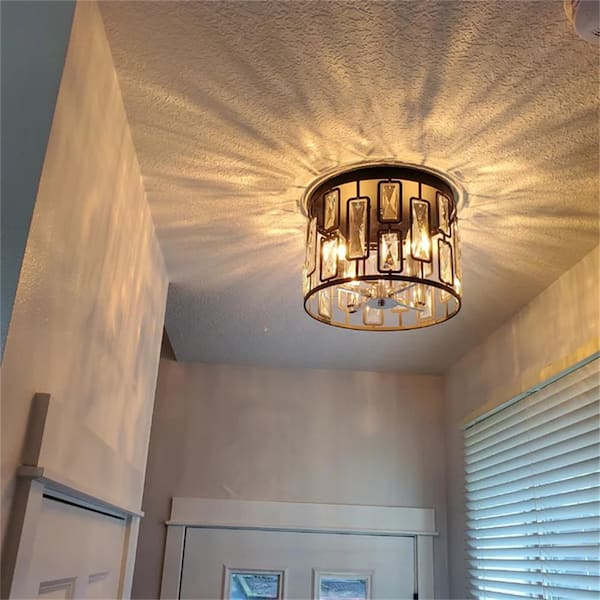 13 in. 4-Light Black Flush Mount with Clear Crystals