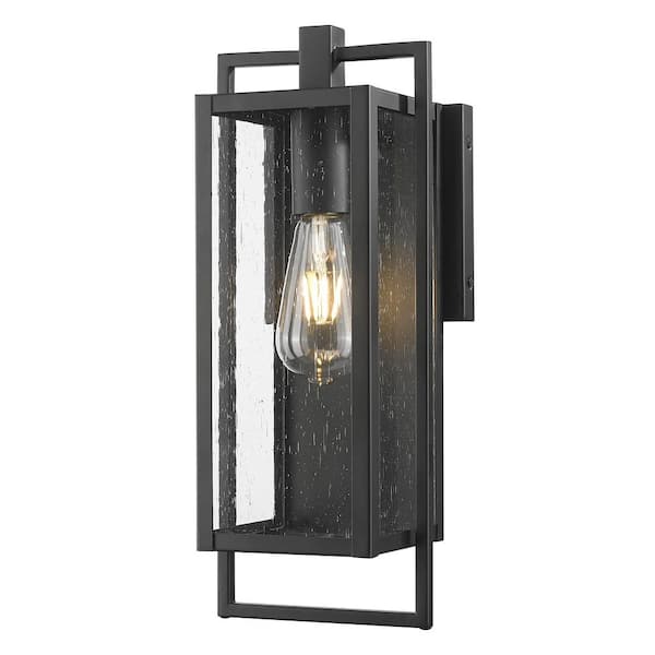 13 in. 1-Light Matte Black Outdoor Wall Lantern With Seeded Glass Panes