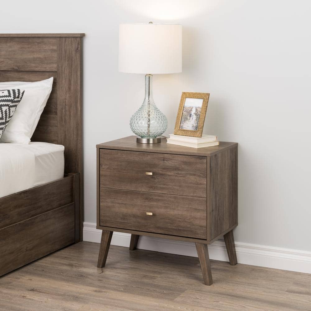 Drifted Gray Mid-Century Modern 2-Drawer Nightstand