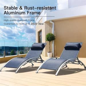 Blue Aluminium Outdoor Lounge Chair with Adjustable Backrest and Removable Pillow Set of 2