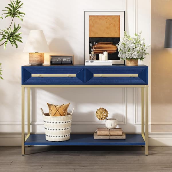 Qualler 45.5 in. Navy Rectangle MDF Console Table with 2 Drawers
