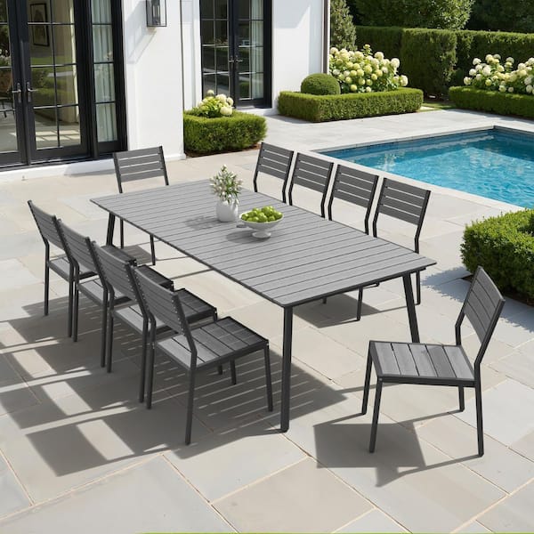 composite slatted patio dining table umbrella hole Pellebant 11-Piece Aluminum Frame Wood-Plastic Composite Rectangular  Outdoor Dining Table Set with Umbrella Hole, Dark Gray PB-DC5003DGY-11